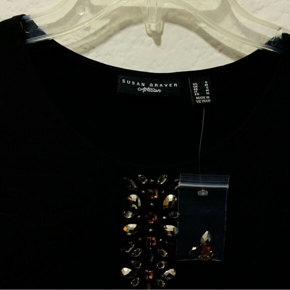 NWOT Susan Graver Artisan Liquid Knit Black Top Overlay Jewel Embellished Small - Picture 3 of 13